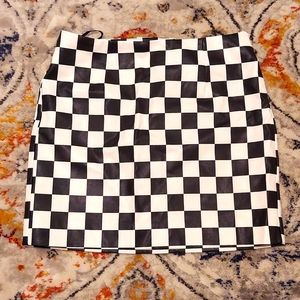 Medium Checkered Black and White Faux Leather Mini Skirt